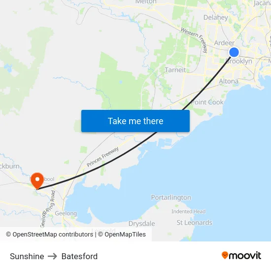 Sunshine to Batesford map