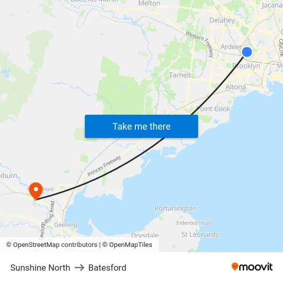 Sunshine North to Batesford map