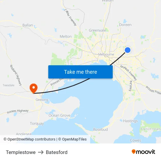 Templestowe to Batesford map