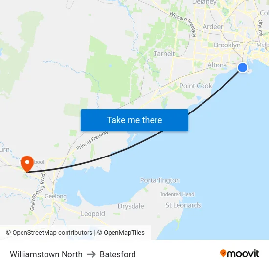 Williamstown North to Batesford map