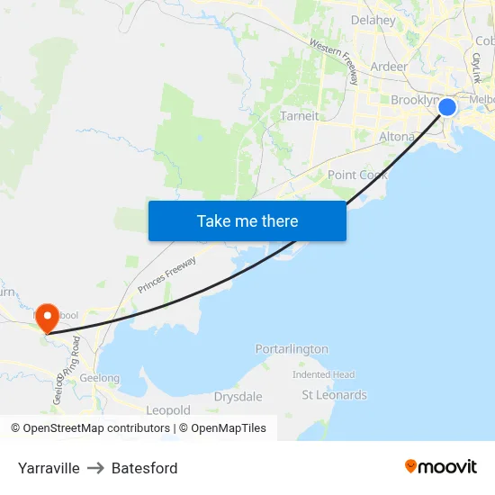 Yarraville to Batesford map