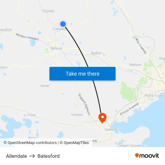Allendale to Batesford map