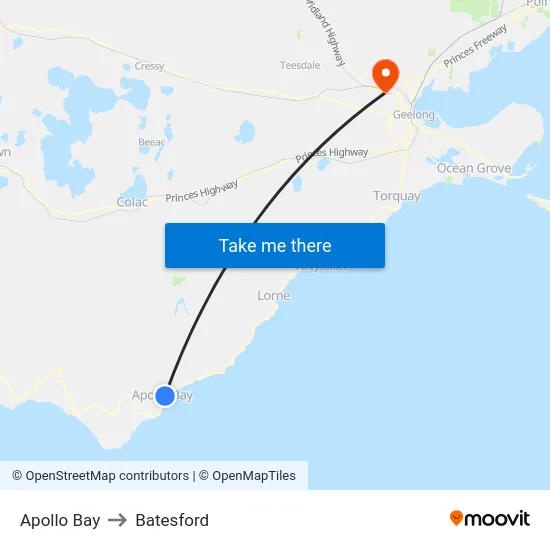 Apollo Bay to Batesford map