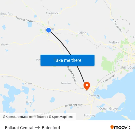 Ballarat Central to Batesford map