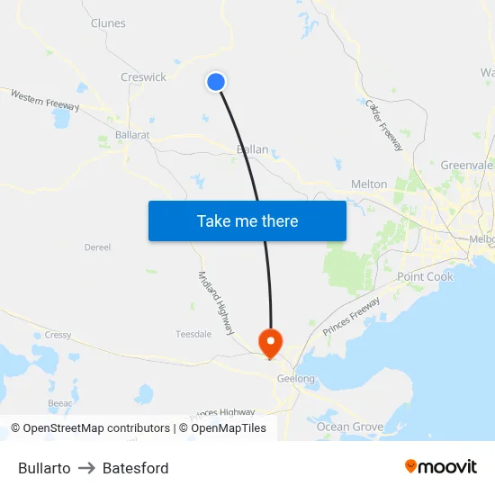 Bullarto to Batesford map