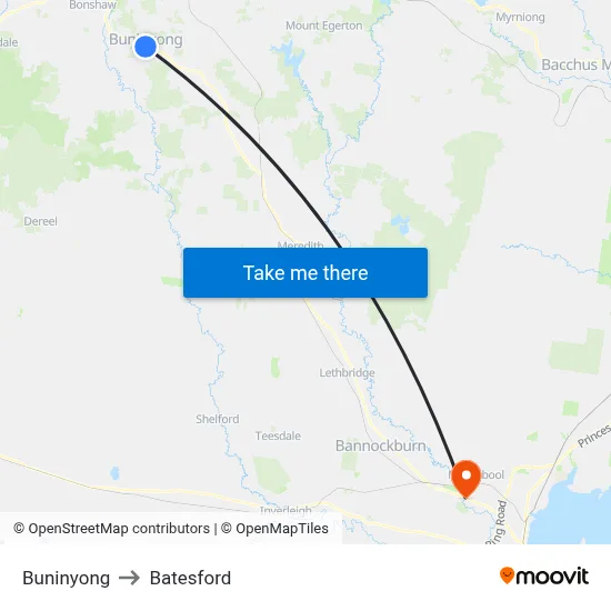 Buninyong to Batesford map