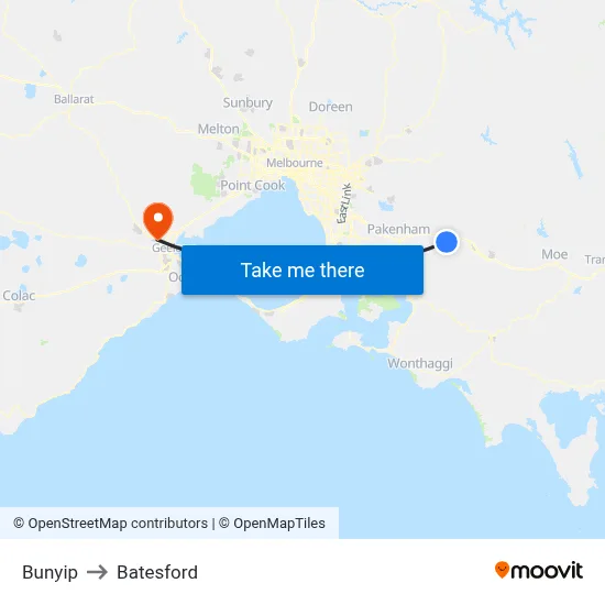 Bunyip to Batesford map