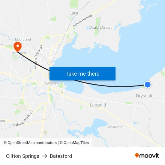 Clifton Springs to Batesford map
