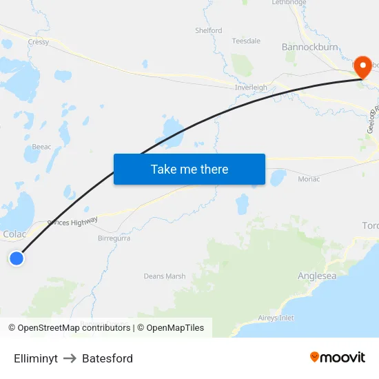 Elliminyt to Batesford map