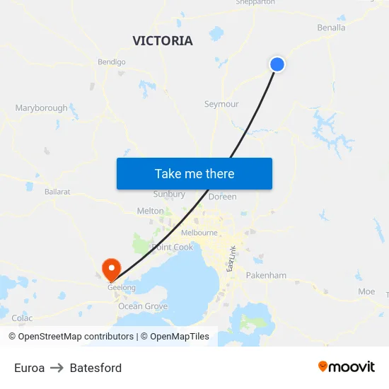 Euroa to Batesford map