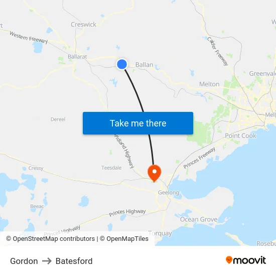 Gordon to Batesford map