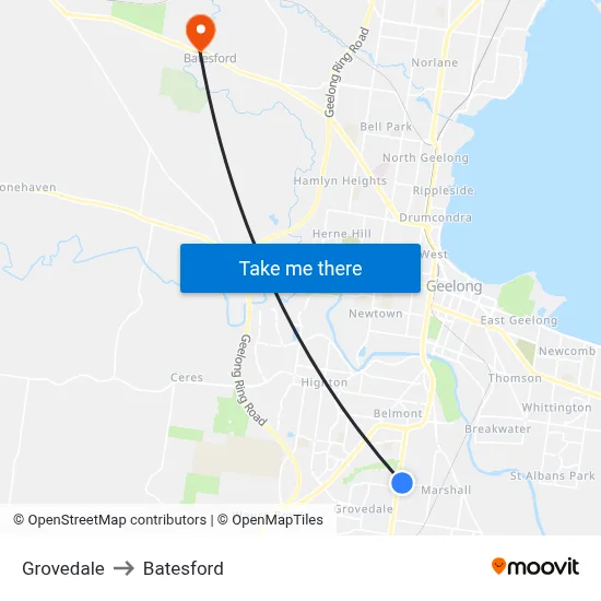 Grovedale to Batesford map