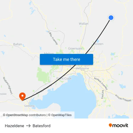 Hazeldene to Batesford map
