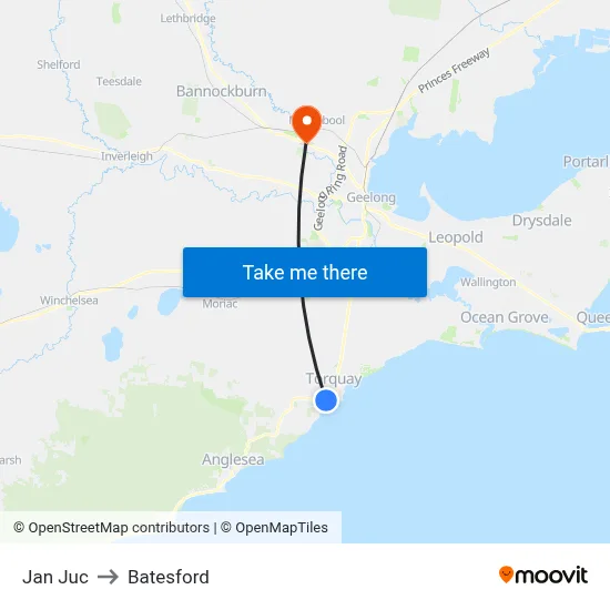 Jan Juc to Batesford map