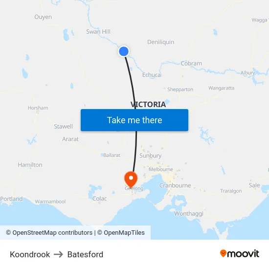 Koondrook to Batesford map