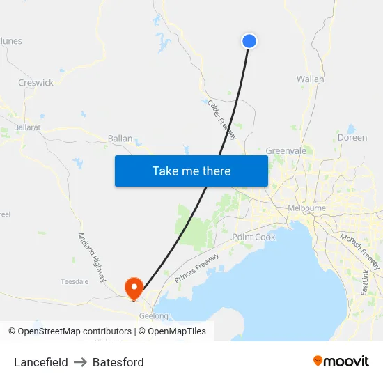 Lancefield to Batesford map
