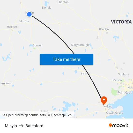 Minyip to Batesford map