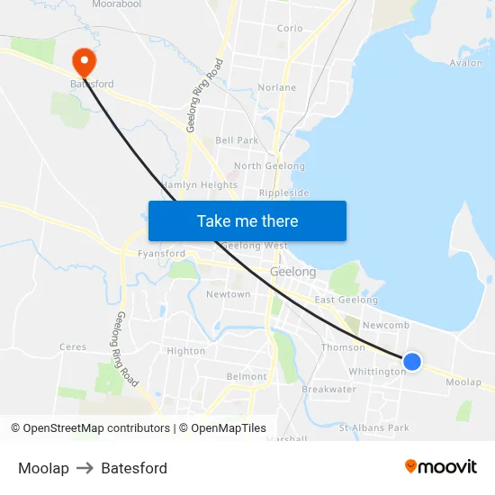 Moolap to Batesford map