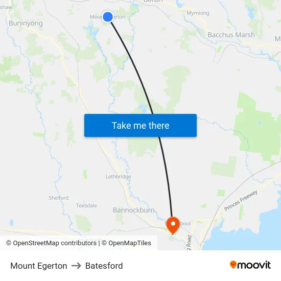 Mount Egerton to Batesford map