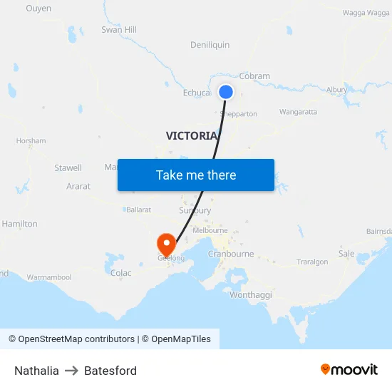 Nathalia to Batesford map