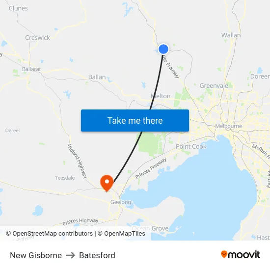 New Gisborne to Batesford map