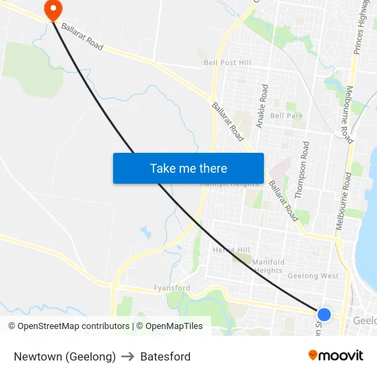 Newtown (Geelong) to Batesford map