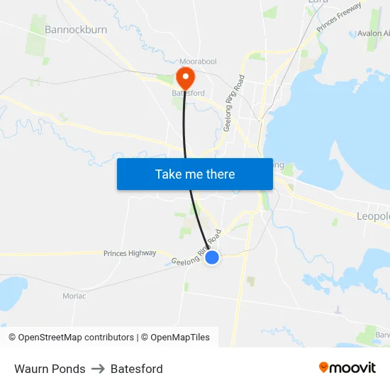 Waurn Ponds to Batesford map