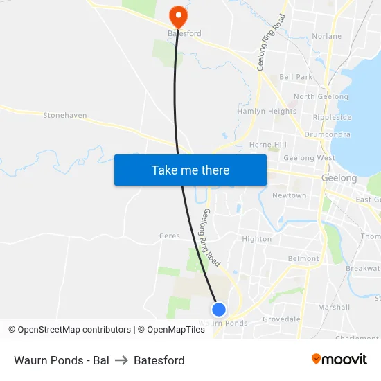 Waurn Ponds - Bal to Batesford map