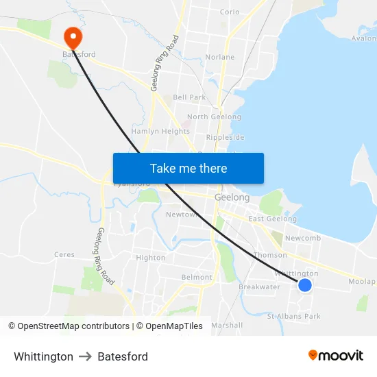 Whittington to Batesford map