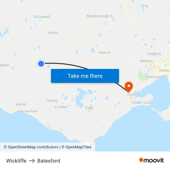 Wickliffe to Batesford map