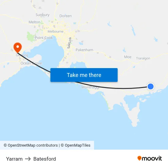 Yarram to Batesford map