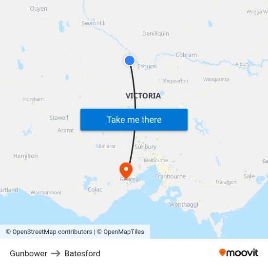 Gunbower to Batesford map