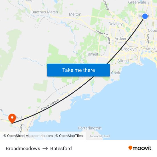 Broadmeadows to Batesford map