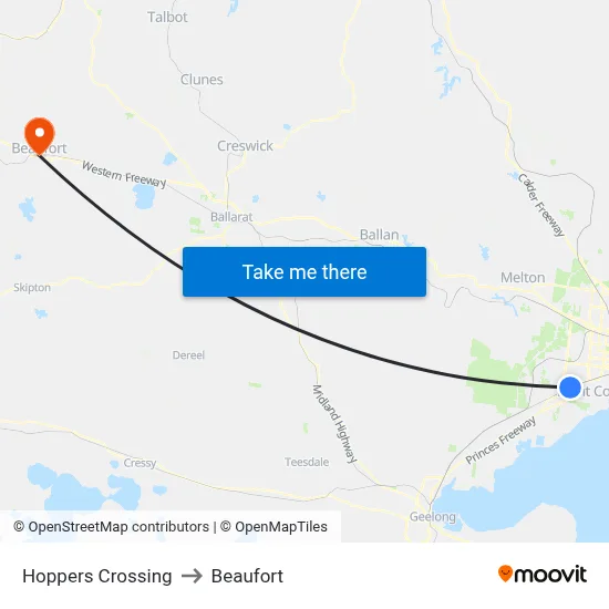 Hoppers Crossing to Beaufort map