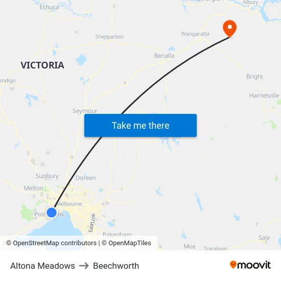 Altona Meadows to Beechworth map
