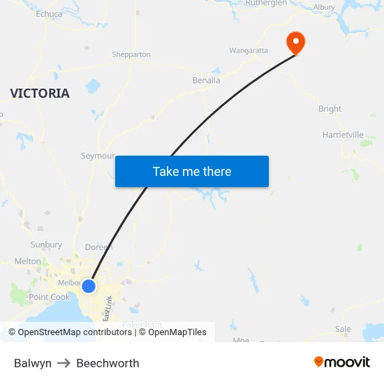 Balwyn to Beechworth map