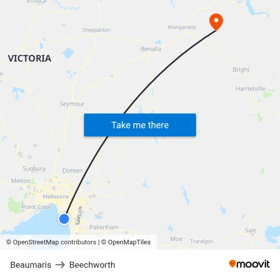 Beaumaris to Beechworth map