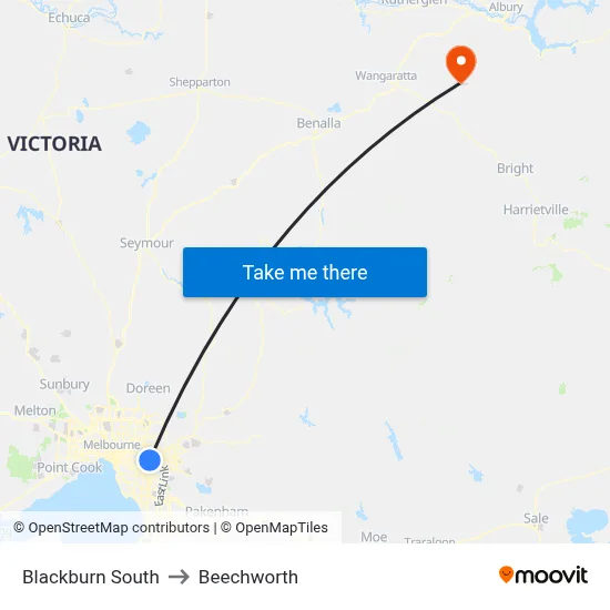 Blackburn South to Beechworth map