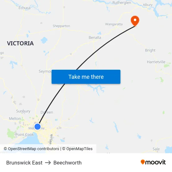 Brunswick East to Beechworth map
