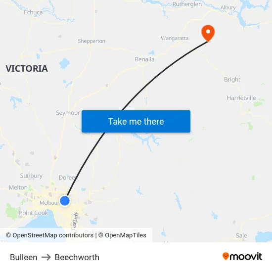 Bulleen to Beechworth map