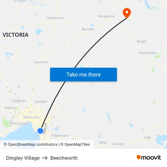 Dingley Village to Beechworth map
