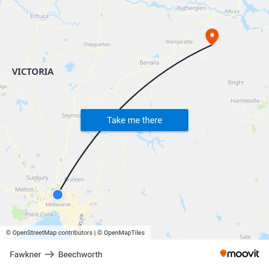 Fawkner to Beechworth map
