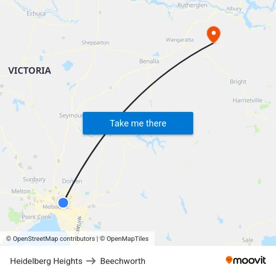 Heidelberg Heights to Beechworth map