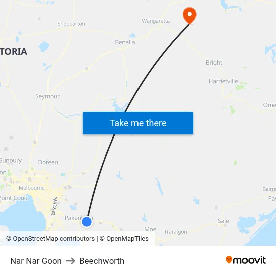 Nar Nar Goon to Beechworth map