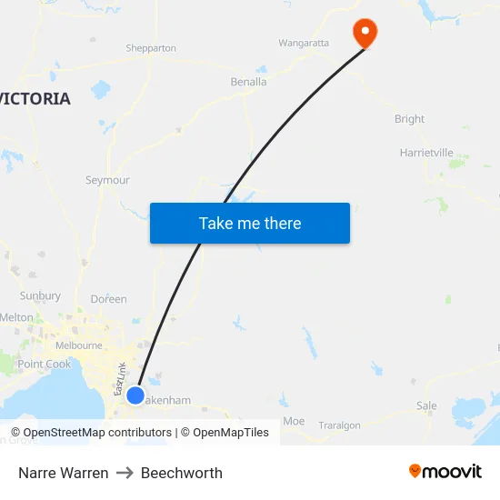 Narre Warren to Beechworth map