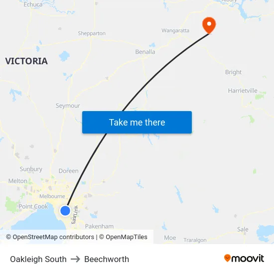 Oakleigh South to Beechworth map