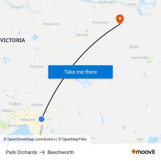 Park Orchards to Beechworth map
