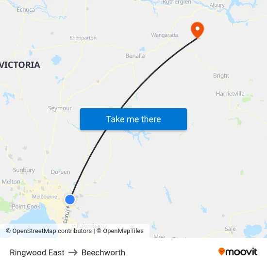 Ringwood East to Beechworth map