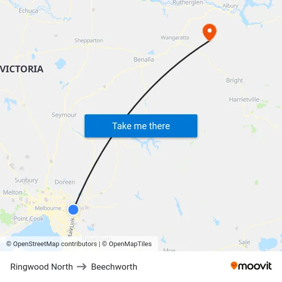 Ringwood North to Beechworth map
