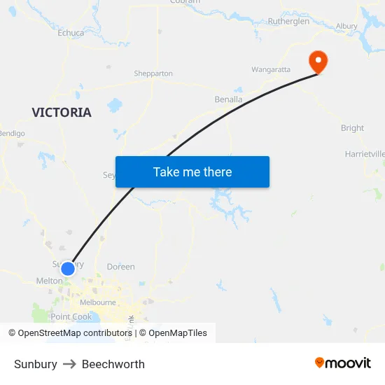 Sunbury to Beechworth map